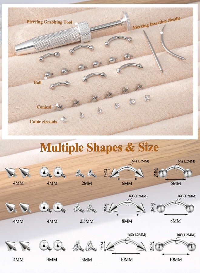 davka Eyebrow Piercing Jewelry Set with Tools, 16G Surgical Steel Curved Barbell Kit with CZ, Spike & Ball Replacement Ends, Internal Thread 6mm/8mm/10mm Rook Daith Lip Rings for Women Men - Image 2